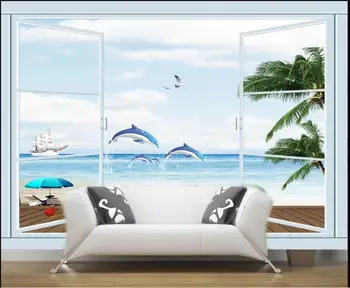 

Custom photo wallpaper 3d mural wallpaper for walls 3 d Scenery outside the window sea blue sky white clouds TV background wall
