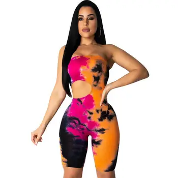 

Women Jumpsuit Tie Dyeing Body Strapless Casual Club Party Romper Overalls 2020 Summer Bodycon Playsuit Tracksuit Sexy Clothes