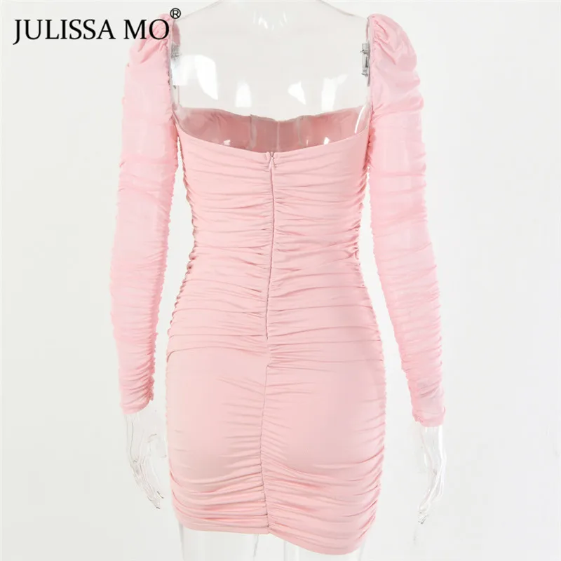 JULISSA MO White Mesh Ruched Autumn Dress Women Strapless Bodycon Sexy Party Dress Fashion Ruched Bandage Dresses Vestidos Short