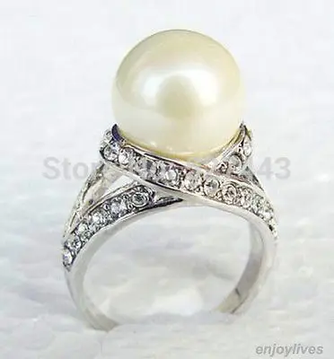 

Atacado frete SIPP > branco South Sea Shell Pearl White banhado a ouro de cristal tamanho do anel : 6.7.8.9 5.25 5.25