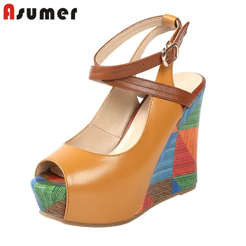 ASUMER/ г., Новое поступление, женские босоножки летние туфли из натуральной кожи с открытым носком и пряжкой вечерние, свадебные туфли на танкетке, женские сандалии на платформе
