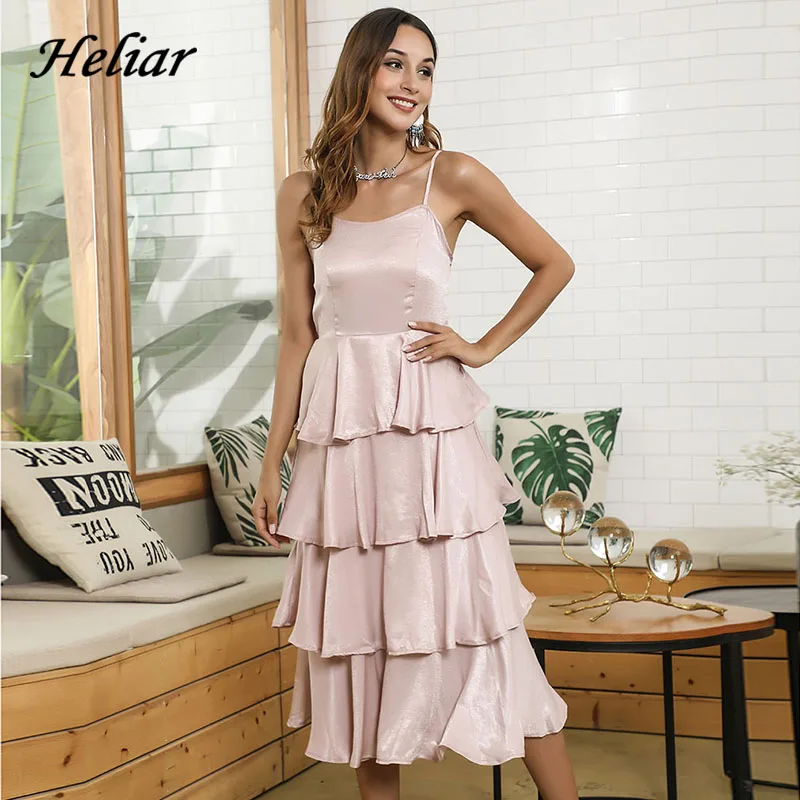 

HELIAR Spaghetti Wrap Pink Pleated Layers Streetwear Dress Women Summer Satin Silky Lazy Style Dress For Women Lady Cloth