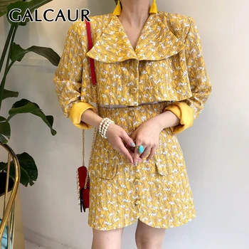 

GALCAUR Korean Print Two Piece Set Lapel Collar Long Sleeve Shirt High Waist Pocket Mini Skirt Suit For Woman Female New 2020