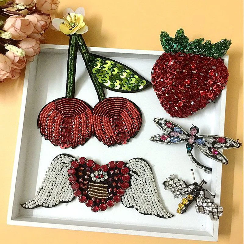 Handmade Rhinestone Beaded Patches Cherry Fruit Badges Sew On Dragonfly