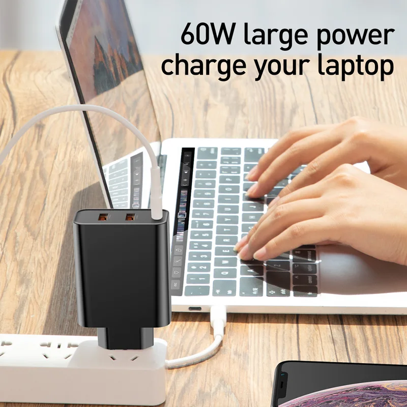 - Baseus 60W USB Charger US Plug Dual USB Quick Charge 30 40 TypeC Fast Charger EU Adapter Travel Wall Charger For Phone Charge