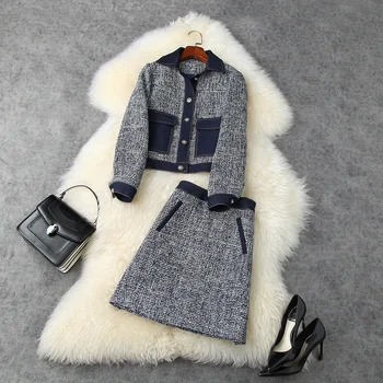 

European and American women's wear 2020 winter new style Long sleeved lapel denim tweed coat skirts Fashion suits