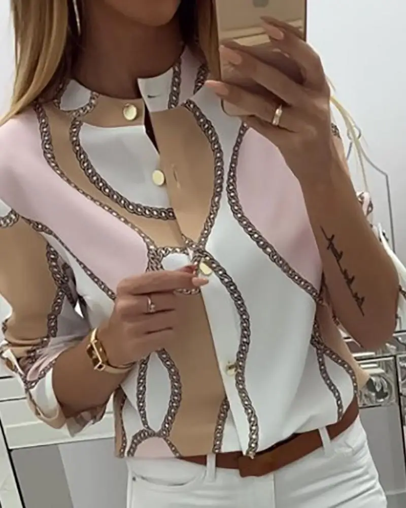 

Chain Print Button Through Women Casual Shirt Ladies Office Workwear Blouse Shirt