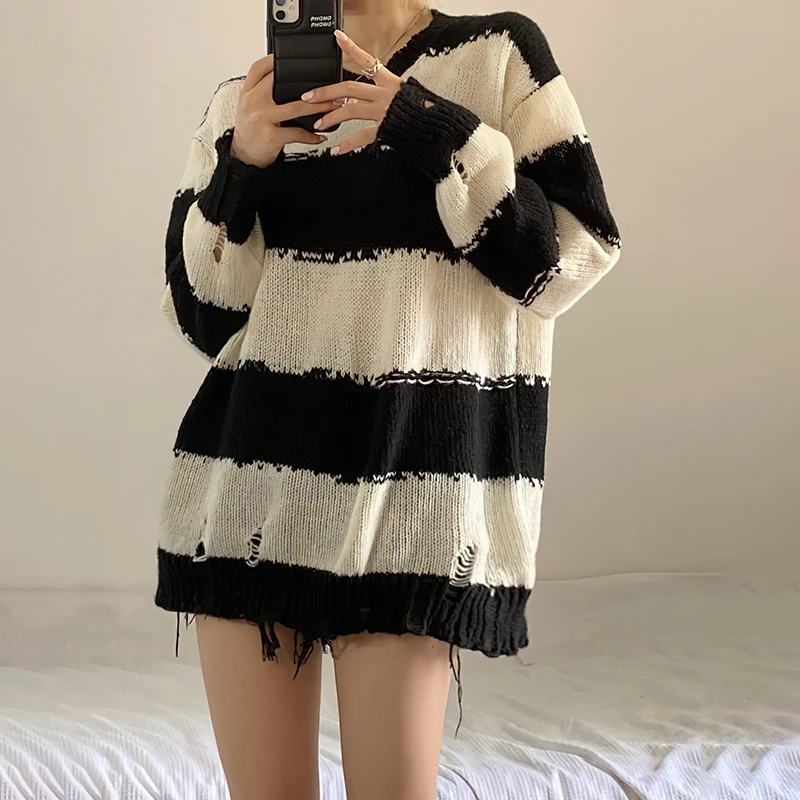 

Striped Sweaters Women Punk Unisex Sweater Autumn Hollow Out Hole Broken Jumper Loose Oversized Pullouvers Harajuku Streetwear