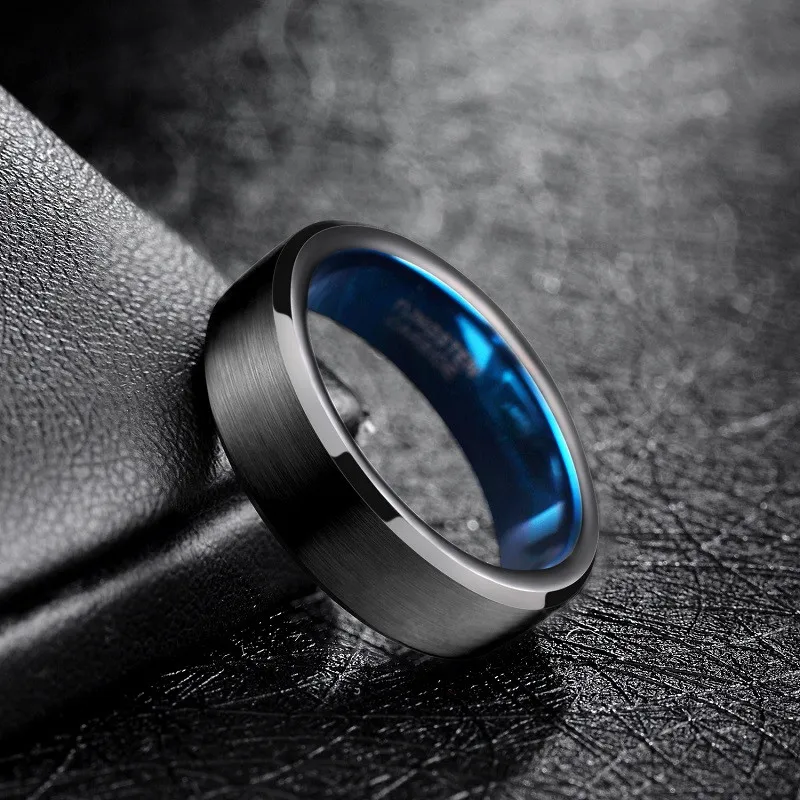 Tigrade Men Tungsten Ring 4/6/8mm Black Man Rings Women Finger Band Blue Inside Cool Ring Classic Wedding Band Engagement 4