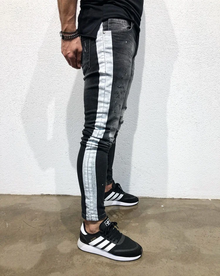 90% OFF Mens Fashion Pencil Jeans Slim Fit Skinny Denim Pants Fashion Design Side White Stripe Distressed Scratched Stretch Streetweer