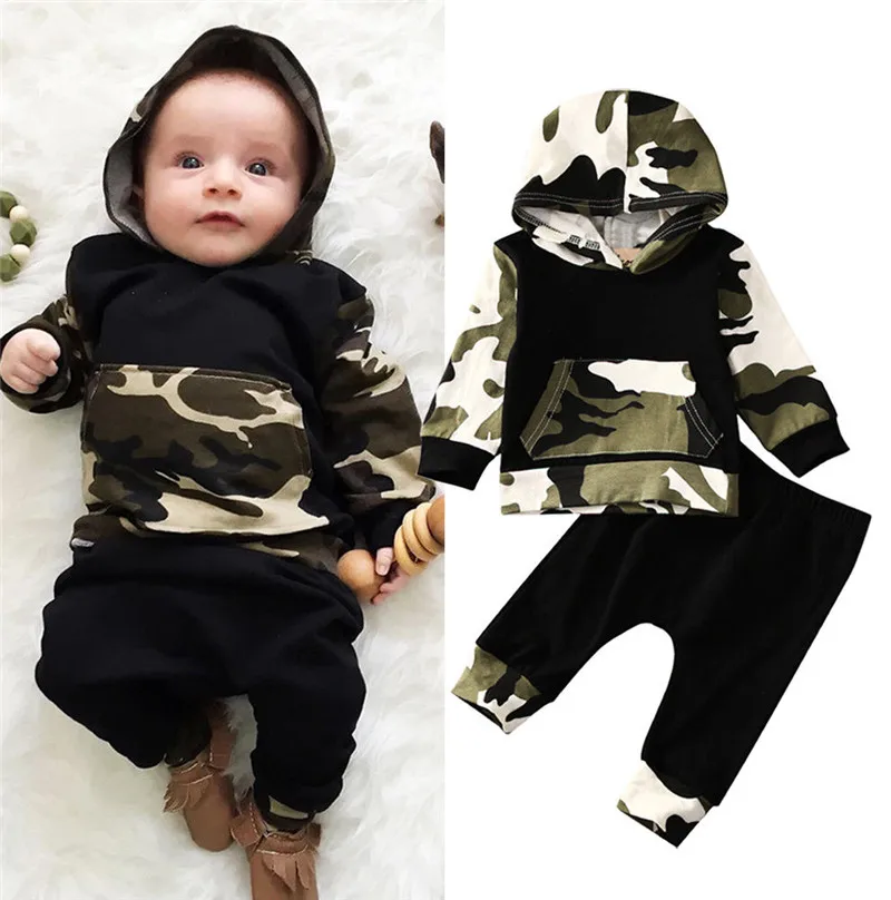 0-36months Baby Boys Camouflage Clothes Set Long Sleeve Camo Hooded Sweatshirt Tops Casual Baby Boys Spring Autumn Hooded Outfit
