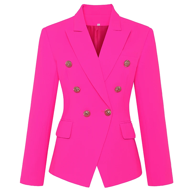 2021 Stylish Designer Blazer Women's Classic Double Breasted Metal Buttons Slim Fitting Jacket Hot Pink | Женская одежда