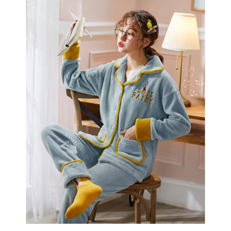 As picture color Зимние теплые ночные женские костюмы домашний костюм винтажный пижамный комплект с v-образным вырезом спальный костюм синяя Ночная одежда женская ночная Пижама - Цвет: As picture color