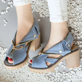 

Sandals Women Denim Thick High Heel Shoes Woman Platform Fish Mouth Non-Slip Casual Shoes Solid Color Blue Sandalias Mujer 2019