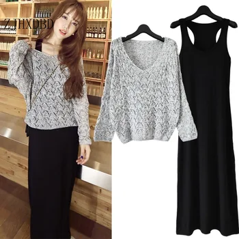 

Cotton Women's Long Sleeve Knit Suit Skirt Korean Slim Two-piece Tops with Dress Long Dress 2020 Female Clothing Black Gray New