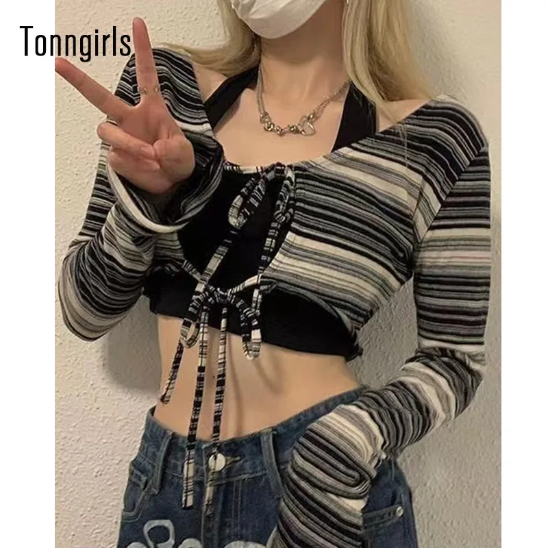 Tonngirls Grunge Tie Dye Crop Tops 2-piece Women Casual Y2k Vintage T-shirt E Girl Streetwear Long Sleeve Lace Up Tee Shirts