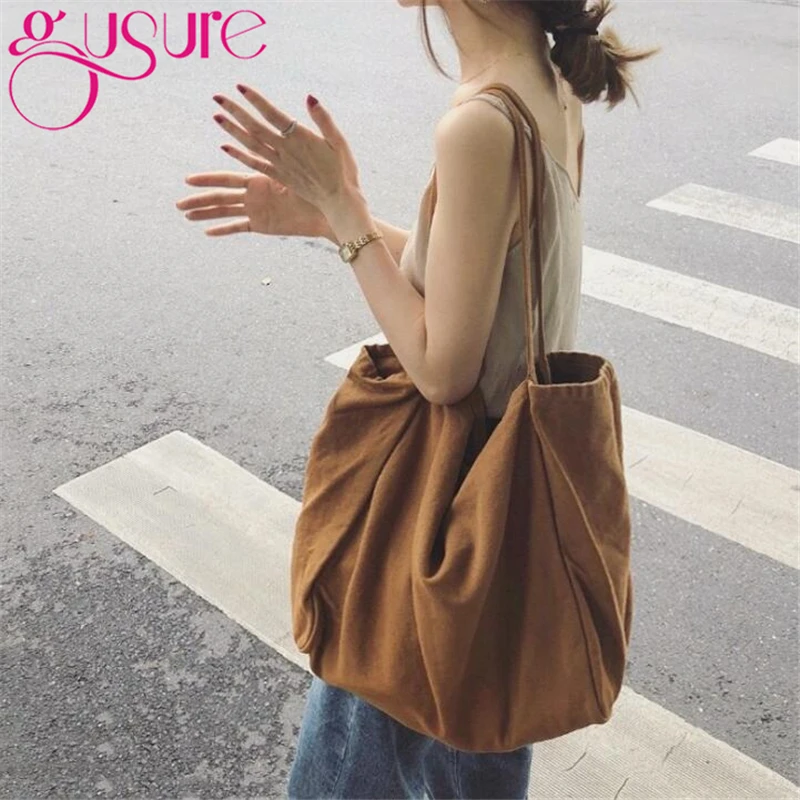 Gusure Women Canvas Shopping Big Bags Reusable Solid Color Large Casual Tote Shopper Shoulder Female Handbags |