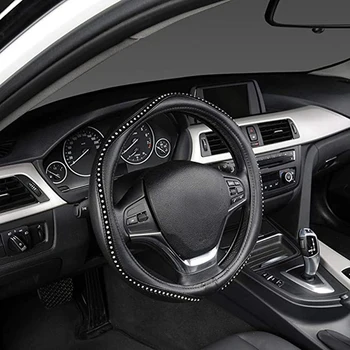 

Fashion Steering Wheel Cover Black Lychee Pattern with Luxury Crystal Rhinestone M Size Fits 38cm
