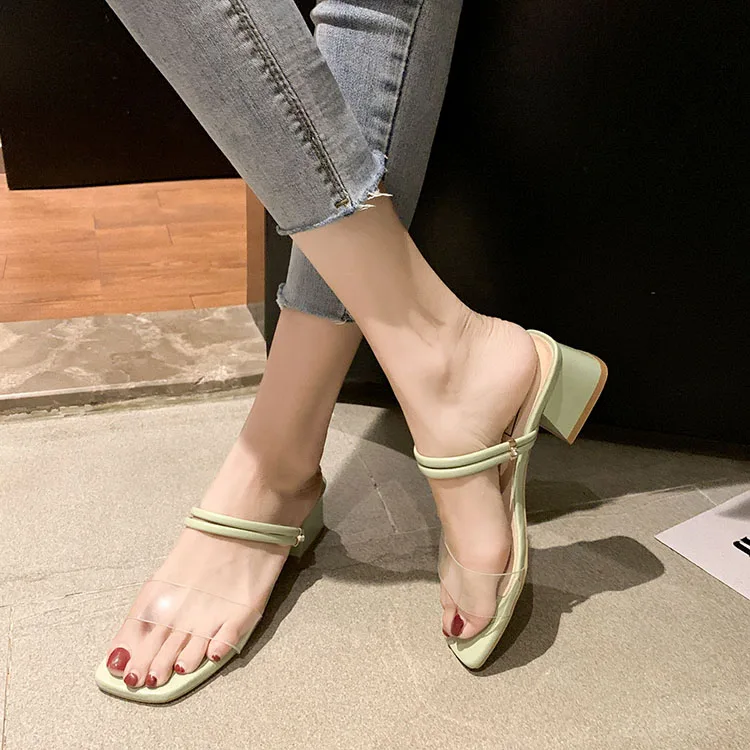 

Square heel Slippers Heels Shoes Woman 2019 Luxury Slides Low Socofy Block High Designer Summer New Soft Pumps Cotton Fabric
