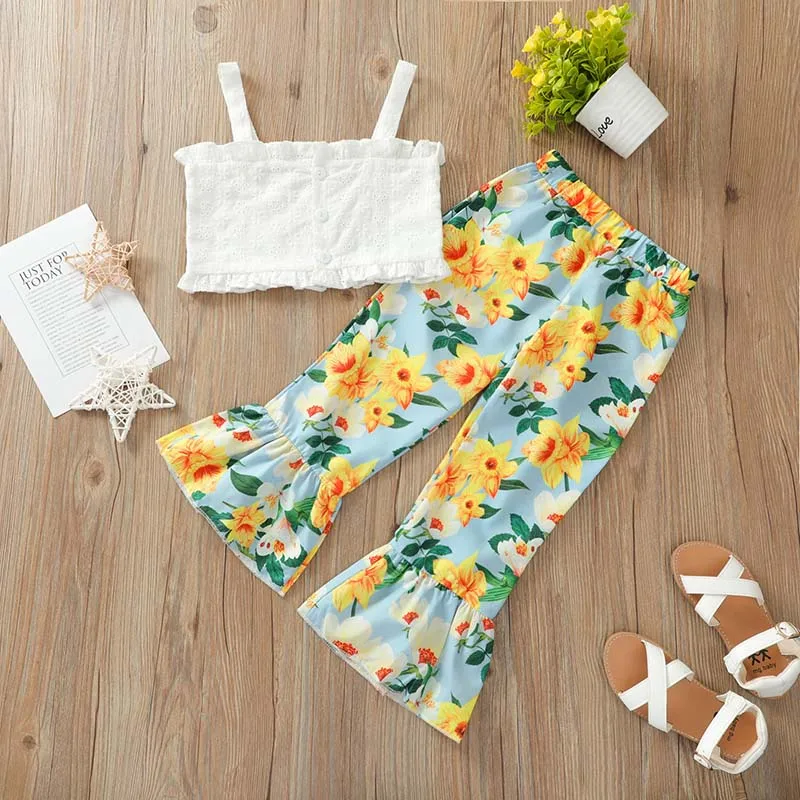 

Bontique Kids Girl Summer Outfit White Lace Tops Floral Bell-bottome Pants 2pcs Clothes Set Children Clothing Sunset