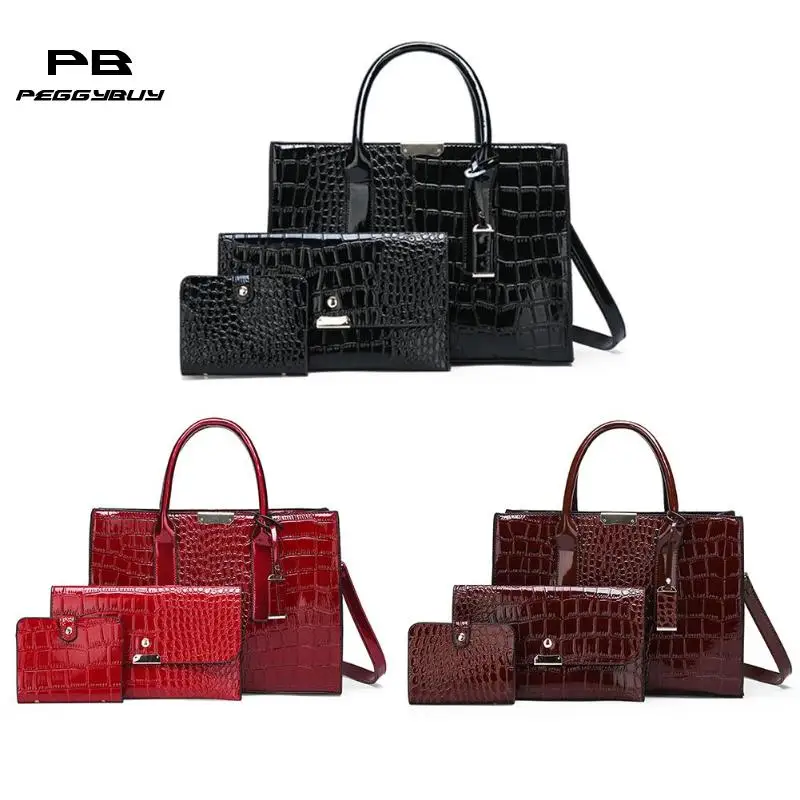 

3pcs/Set Crocodile Pattern PU Leather Women Shoulder Handbags Purse Totes