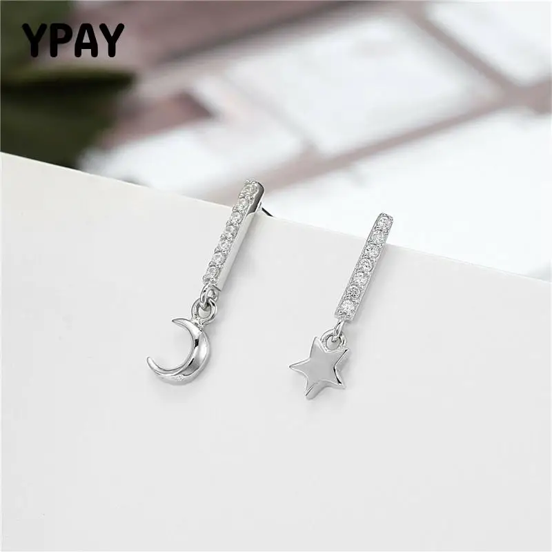 

YPAY Asymmetric Star & Moon 100% Authentic 925 Sterling Silver Earrings Clear Zircon Earrings for Women Fine Jewelry YME421
