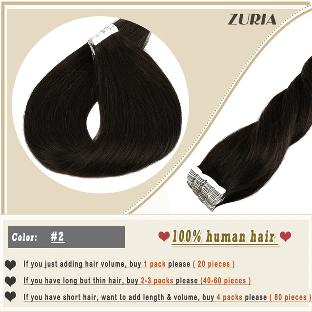 ZURIA Mini Tape In Hair Extensions Machine Remy Natural Hair Extensions Human Hair Straight 20 Inchs Seamless Adhesive Skin Weft #2