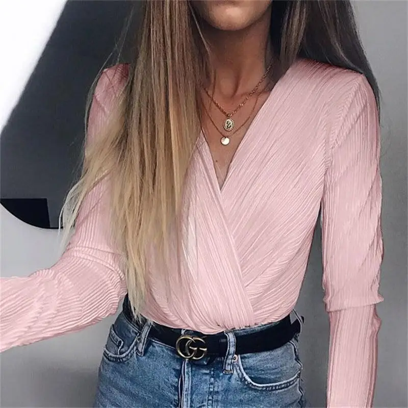 Online InstaHot Sexy manga larga cuello en V Bodysuit para mujeres 2019 verano nueva moda verde texturizado camisas botones elegantes monos