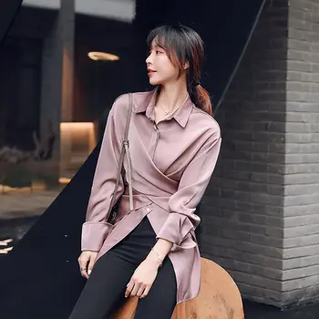 

WOMENGAGA 2020 Spring New Long-sleeve Solid Turn-down Collar Patchwork Casual Loose Large Size Blouse Button Slim Fashion A327