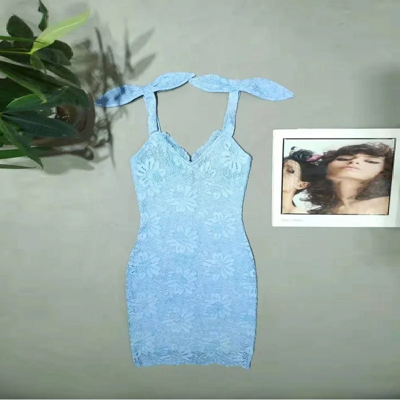 Модное кружевное Бандажное облегающее платье Vestidos, женское белое, фиолетовое, синее, сексуальное, пагетти, на бретелях, с бантом, однотонное, мини-платье для вечеринок, клубная одежда - Цвет: Синий