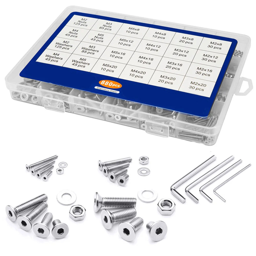 

880PCS Hexagon Socket Home Bolt Kit Industrial Screw Nuts Stainless Steel Electronics Repair Replacement Assortment Hardware