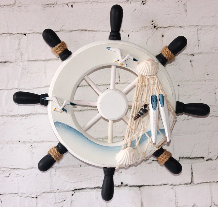 Wood Ship Wheel Nautical Seaside Wall Hanging Hook Nautical Door Plaque Signs for Home Garden Room Wall Decor Cafe Shop Ornament