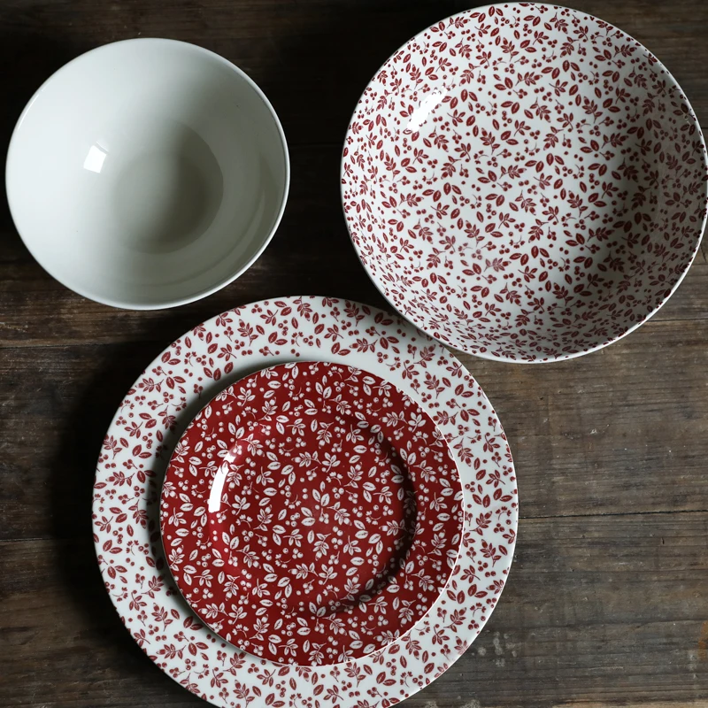 

Vintage Pastoral Style Red Berry Leaf Ceramic Tableware Set/Western Style Salad Bowl