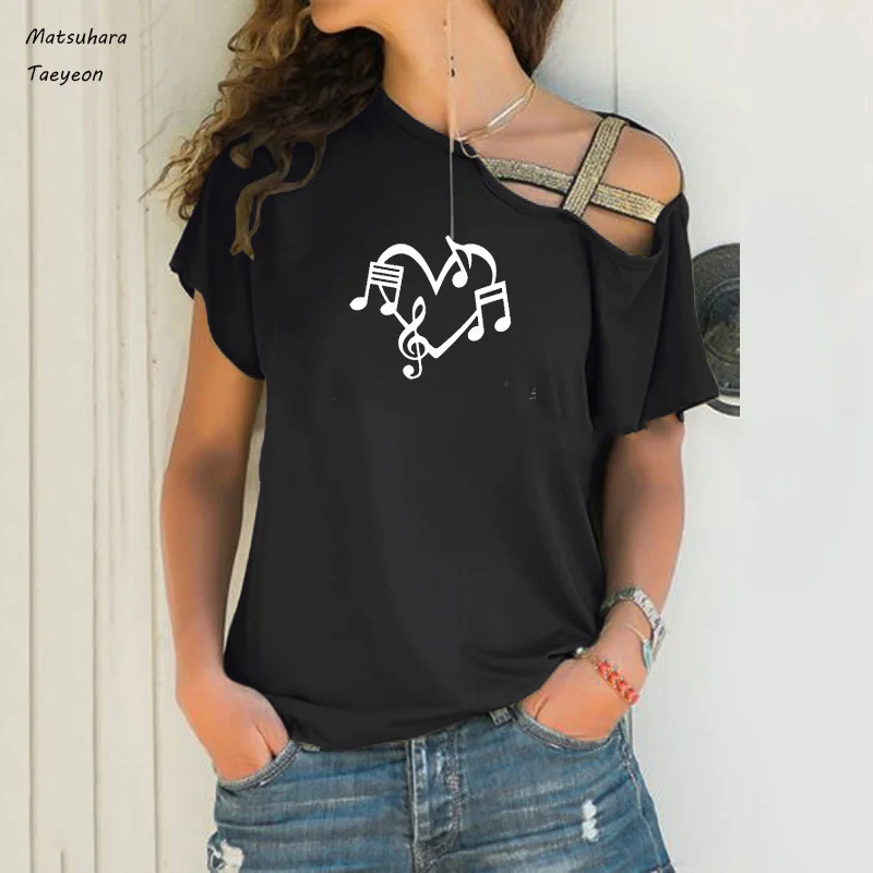 

Funny Music Notes Heart Love T Shirt Women Summer Cotton Short Sleeve Femme T-shirts Passionate Music Tee Top