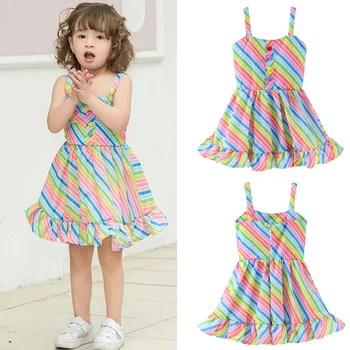 

Summer Girls Dress Toddler Girls Clothes Princess Strap Ruffle Dress Rainbow Stripe Outfits Party Pageant Sling Button Dresses