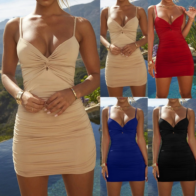 Dress Women Summer Spot selling low-cut deep V fold condole hollow out package hip mini Dresses Casual Vestidos CKX8870 mother of the groom dresses