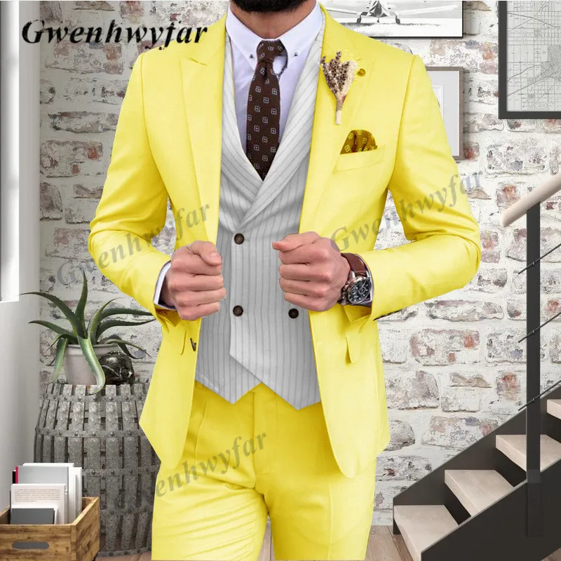 Gwenhwyfar Classic Men Suit 3 Pieces White Tuxedo Peak Lapel Groomsmen Wedding Suits Set Fashion Men Business Blazer Sets