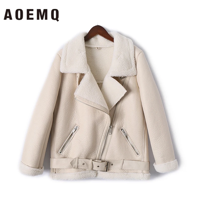 Ceny AOEMQ retro nowy klapa i aksamitne wyściełane futro jeden płaszcz ciepła moda PU skóra jagnięca odzież motocyklowa Bomber Jacket