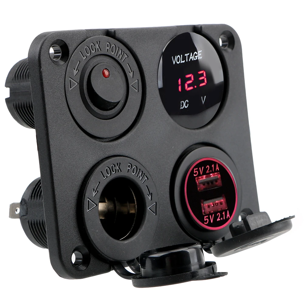 4 In 1 Car Switch Panel 4.2A Voltmeter ON OFF Dual USB Port Charger 12V