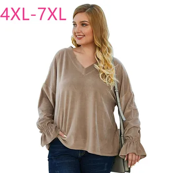 

New 2020 spring autumn plus size tops for women large loose casual long bell sleeve khaki V neck knit T-shirt 4XL 5XL 6XL 7XL