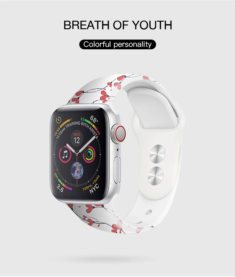 Спортивный ремешок для Apple Watch 5 series 4 ремешок 40 мм 44 мм силиконовый ремешок на запястье с цветочным принтом для Iwatch Series 3 2 38 мм 42 мм