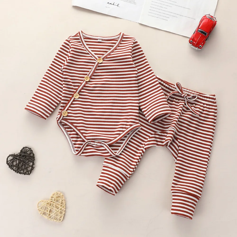 best Baby Clothing Set Autumn Winter Kids Baby Girls Boys Pajama Clothes Sets Knit Striped Long Sleeve Button Romper Pants Baby Clothing Set medium