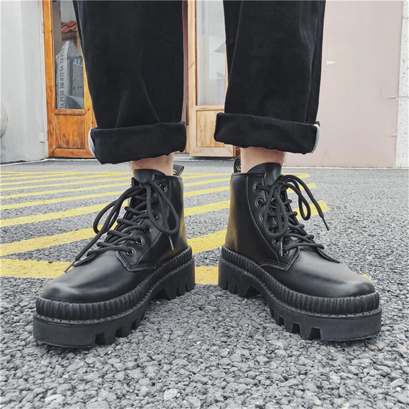 High Platform Mens Ankle Boots Black Leather Chunky Work Boots For Man And Woman Punk Motorcycle Couples Shoes