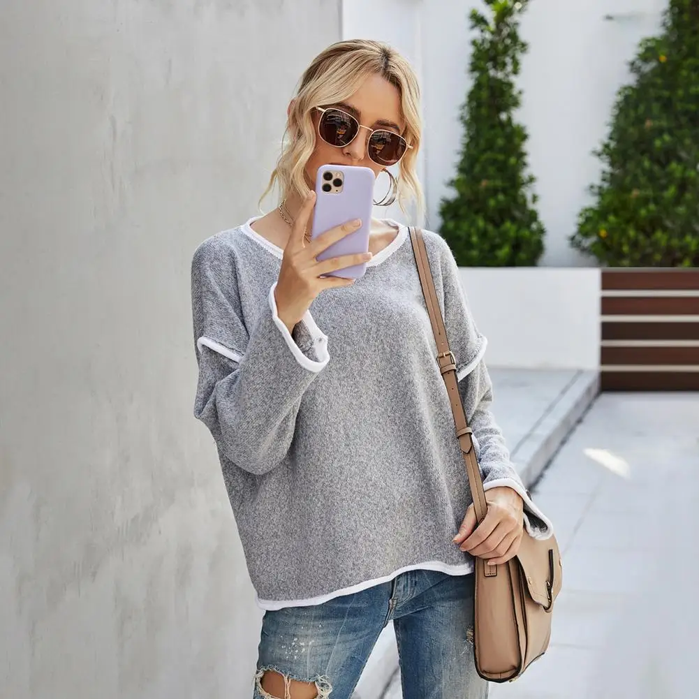 Women Chunky Knit Pullover Long Sleeve Loose Sweatshirt Jumper Ladies Spring Autumn O Neck Tee Solid Color Tops 1