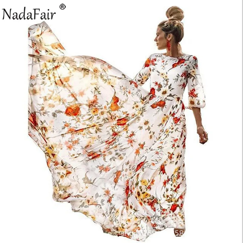 Nadafair Макси бохо платье с цветочным рисунком женские большие размеры Высокая талия О образным вырезом с принтом элегантные летние пляжные длинные платья женские Vestidos