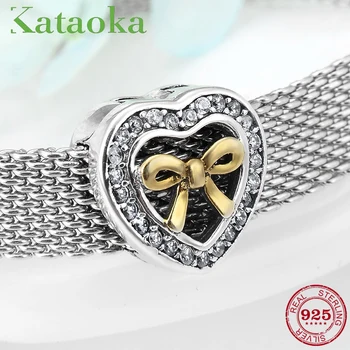 

Mother's Day gift 925 Sterling Silver Heart Golden Bow CZ Clip Beads Fit Original Reflexions Charms Bracelet Jewelry making
