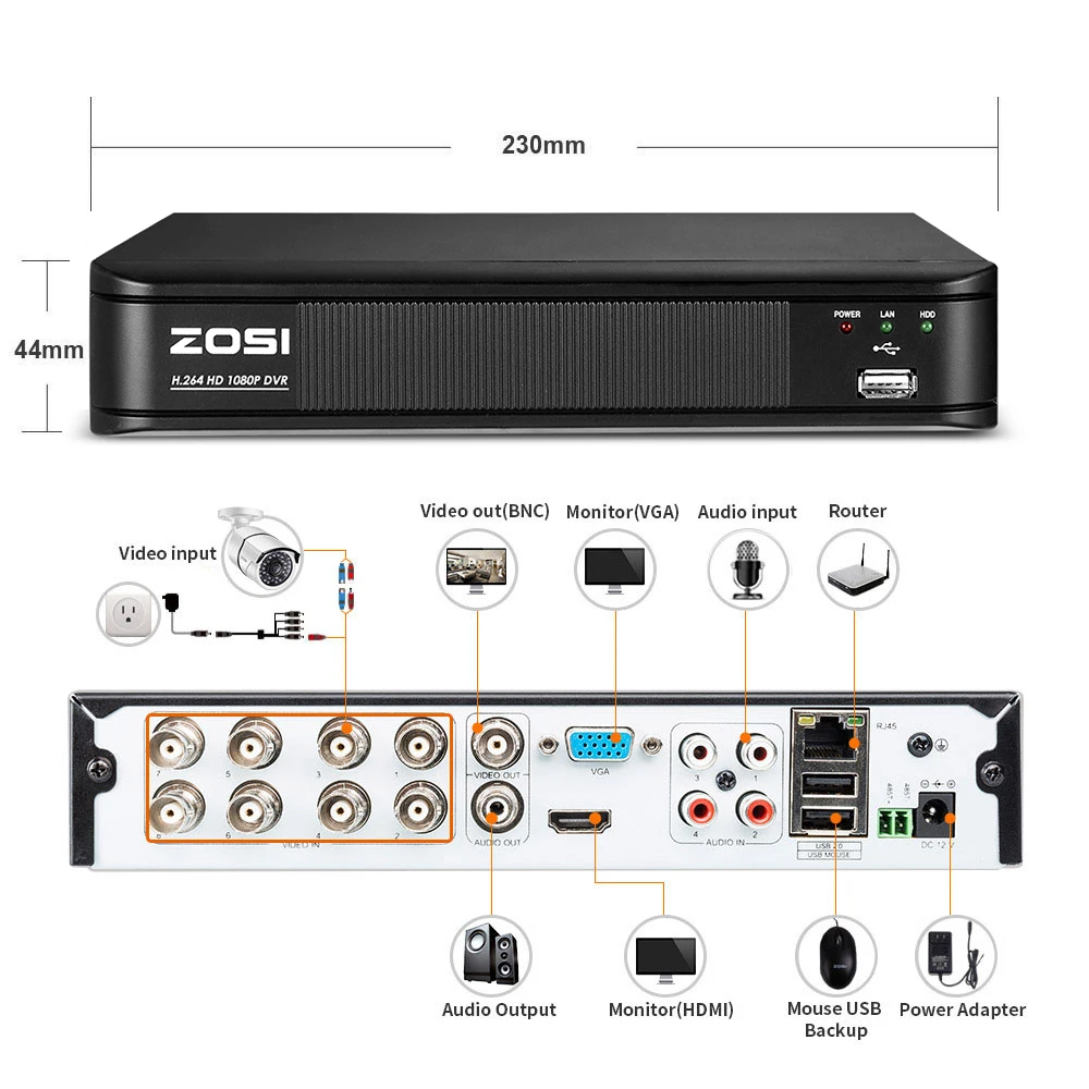  ZOSI 8 canales HD 1080P equipo de seguridad de vídeo DVR 4 piezas 2MP cámara de vigilancia nocturna