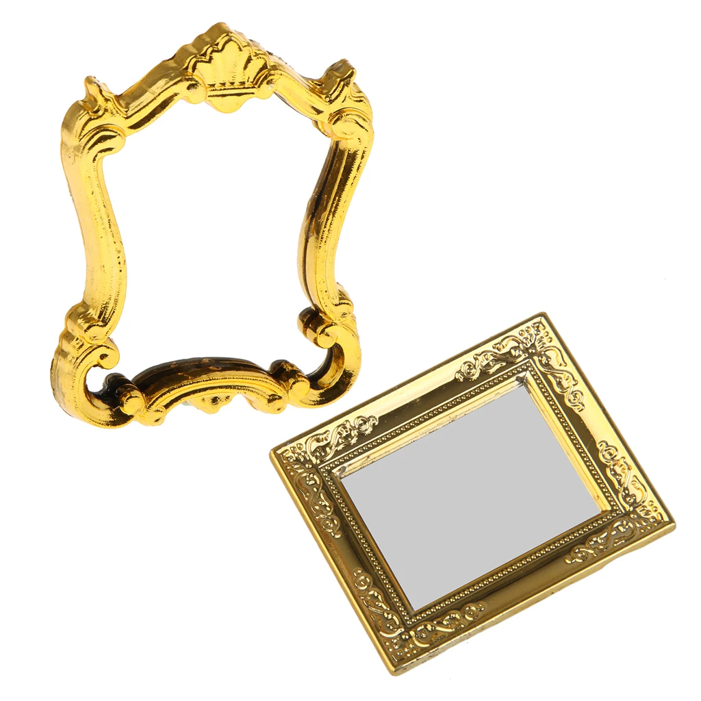 2pcs 1:12 Dollhouse Miniature Golden Mirror Rahmen for Bedroom Dresser or Bathroom Wall Decor Accessories, Mini Household Items
