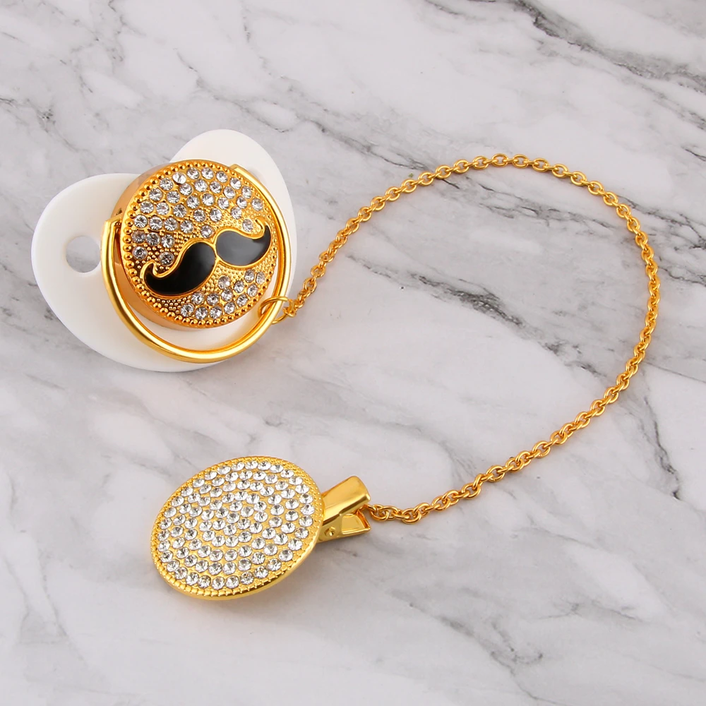 Bling Bling Moustache Baby Pacifier And Pacifier Clip Set Fashion Shiny Crystal Pacifier Safe Baby Gift