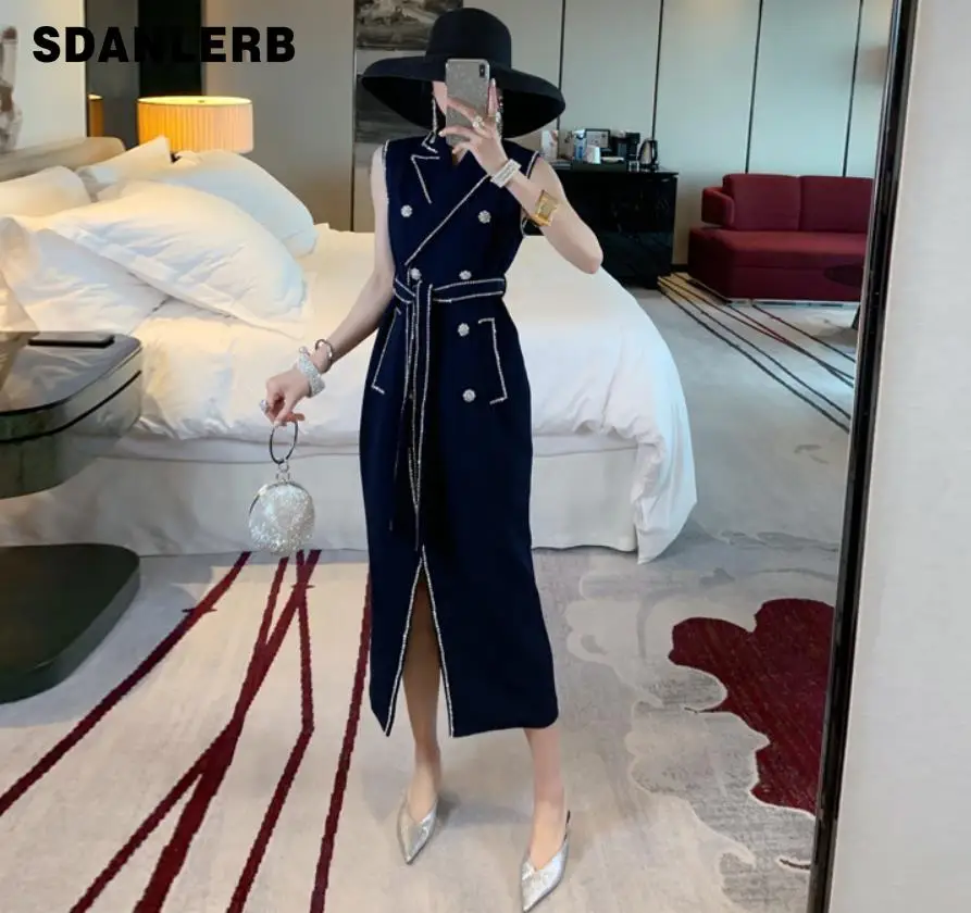 

2019 New Summer autumn Fashion Women Dress Turn-down Collar Double Breasted High Waist Long Sleeveless Vest